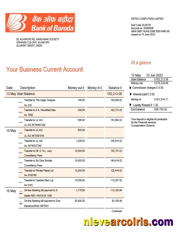 Bank of Baroda company checking account statement